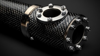Close-up of a carbon fiber pipe with a metal flange and bolts.