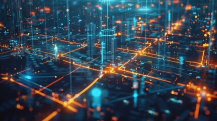 High-tech smart city at night with neon blue and orange digital grid overlay. Buildings connected by illuminated lines symbolize AI-driven infrastructure, networked for data-driven urban efficiency