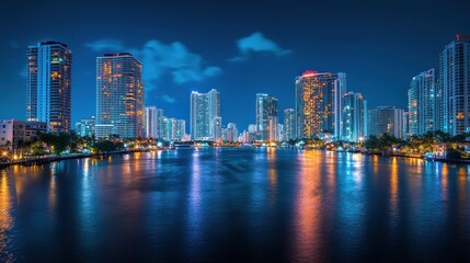 Naklejka premium Dynamic evening scene with twinkling lights reflecting on the water, showcasing the beauty of a city that blends history and modernity.