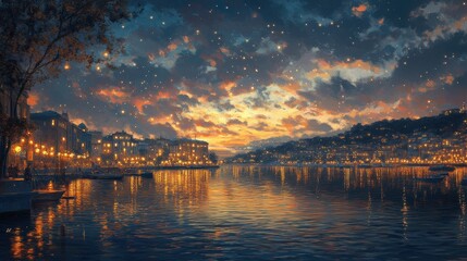 Fototapeta premium Dynamic evening scene with twinkling lights reflecting on the water, showcasing the beauty of a city that blends history and modernity.