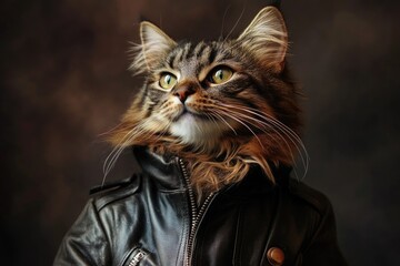 Adorable Cat Portrait: Funny Kitten in Leather Jacket Look