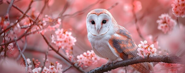 Barn owl among pink cherry blossoms. Spring wildlife concept. Closeup view. Flora and fauna. Cute bird with sakura flowers background