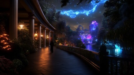 A lone figure walks along a path overlooking a fantastical cityscape bathed in neon lights and a starry night sky.
