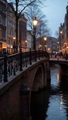 Obraz premium Historic iron bridge over city canal at dusk with streetlamps casting warm glow