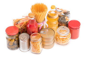 Food Reserves: Canned Food, Spaghetti, Tomato Juice, Pasta and Grocery - Isolated on White Background. Emergency Food Storage in Case of Crisis. Strategic Food Supplies - Isolation
