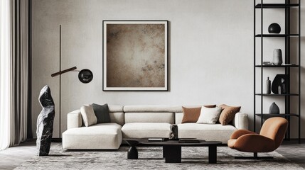 Interior design of elegant living room with mock up poster frame, modular sofa, patterned carpet, black rack, lamp, stylish sculpture and personal accessories. Home decor. Template
