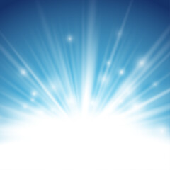 Obraz premium Raising sun rays effect with bright sparkling light over blue background. Celestial daylight shimmering burst. Vector illustration