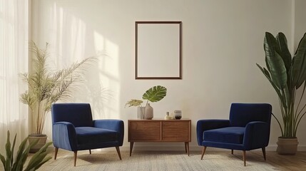 Interior design of harmonized living room with mock-up poster frame, velvet blue armchairs, commode, carpet, leaf in vase, plant, and personal accessories. Creative home decor template