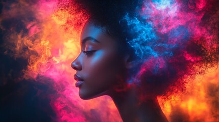 A creative double exposure silhouette of a person surrounded by vivid colors and ethereal clouds