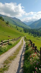 Tranquil rural landscape with sheep grazing on green hillsides