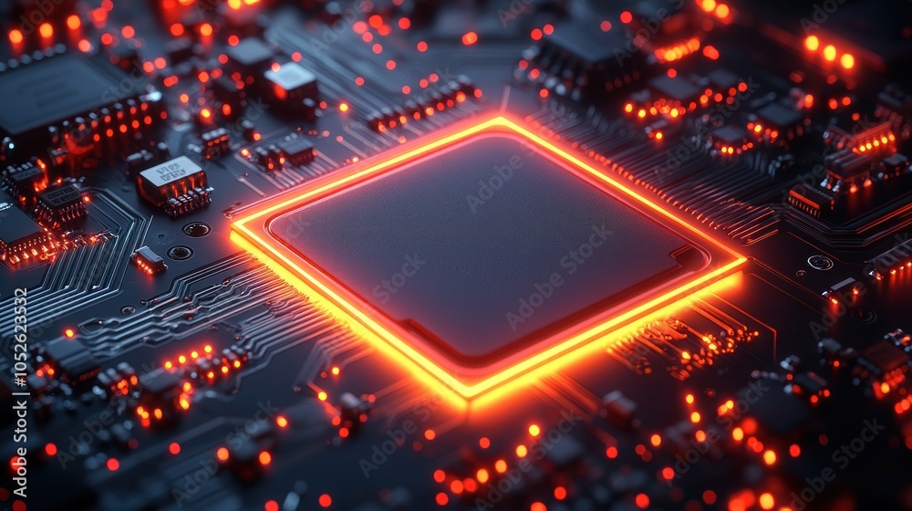 Wall mural close-up of a glowing processor on a circuit board.