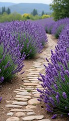 Fototapeta premium Tranquil pathway through lavender field with buzzing bees