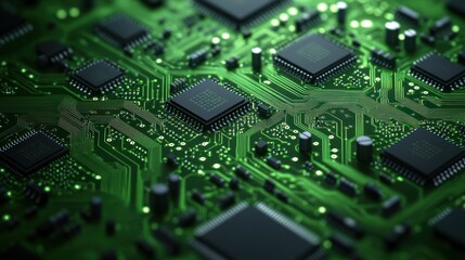 Close-up of a green circuit board with multiple microchips.