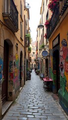 Fototapeta premium Quaint alley with street art cafes and cobblestones