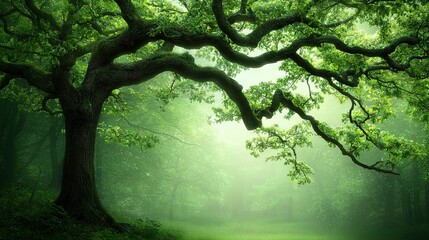  A large tree stands in a dense forest, surrounded by lush green leaves on a foggy day, with a bench visible in the foreground