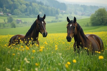 Galloping Horses in a Green Meadow with Yellow Flowers
