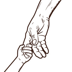 Illustration of an adult hand holding a child's hand.Isolated on white background.Illustration in ink hand drawn style.