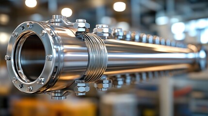Close-up of a shiny, metallic tube with a bellows and multiple nuts and bolts.