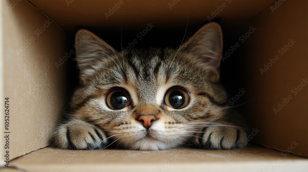 Poster curious kitten peeking from a box