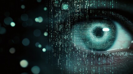Glowing digital eye reflecting vibrant data patterns in a futuristic setting