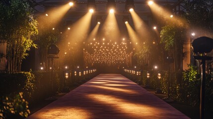 Gilded spotlights illuminate a velvet carpet at a prestigious event celebrating achievements in film and music highlighting glamour and elegance