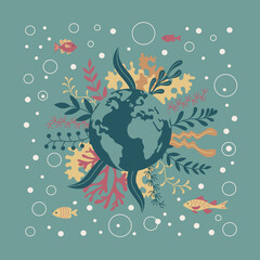 This image is a vector flat art illustration of the Earth surrounded by marine elements.