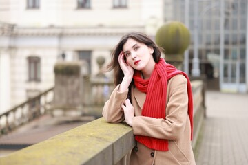 Fototapeta premium Beautiful woman on platform of railway station