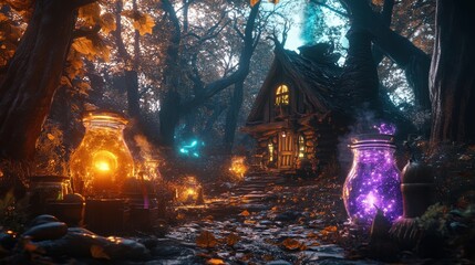 Spooky witch's cabin in the woods, glowing potions and magical artifacts, detailed illustrations, enchanted forest theme, multicolor, octane rendering, photorealistic, highly detailed 