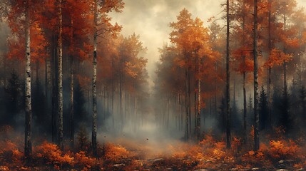 Fototapeta premium A misty forest path lined with autumn trees. 