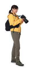 Photographer with backpack and camera on white background