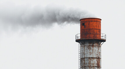 Close up of industrial chimney emitting smoke, showcasing its rusty texture and billowing gray smoke against pale sky. image evokes sense of industrial activity and environmental impact