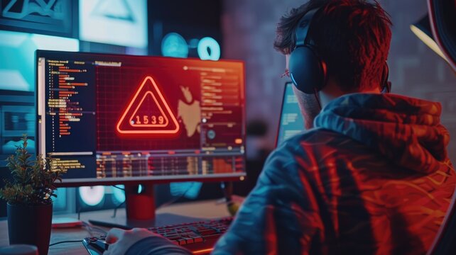 Cybersecurity specialist analyzing data with alert notification in high-tech workspace