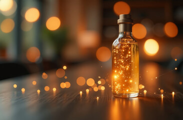 Magical holiday elixir with sparkling amber glow for festive ambiance