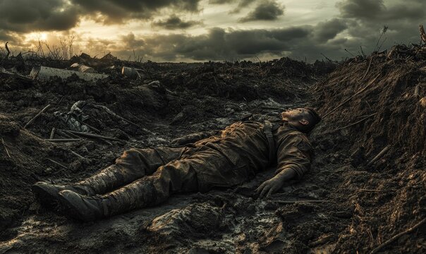 A soldier lies dead in a muddy battlefield.