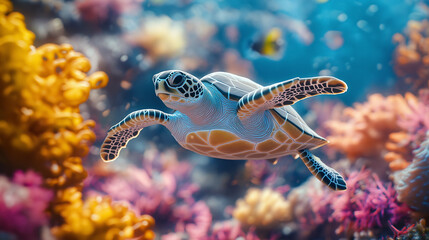 Green Sea Turtle glides gracefully through a vibrant coral reef, surrounded by colorful corals and fish