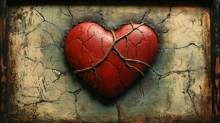 broken heart stitched back together symbolizes healing and resilience. This artwork captures emotional journey of love and recovery, showcasing vibrant red heart against textured background