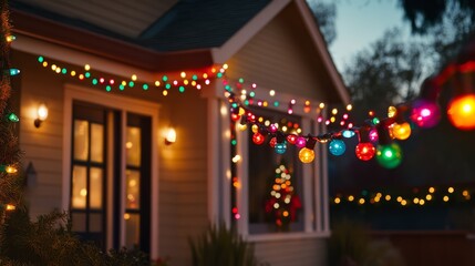 Cozy Christmas Lights: A charming suburban home glows with festive cheer, adorned with twinkling string lights and a glowing Christmas tree, creating a warm and inviting ambiance.  