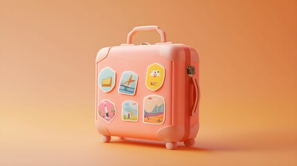 Fototapeta na wymiar kona 3D, walizka, naklejki podróżne, tło pomarańczowe, minimalizm, ilustracja cyfrowa, podróże, turystyka, pastelowe kolory, subtelne oświetlenie, bliskie ujęcie, detale, walizka podróżna, wakacje, Ad