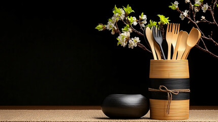 Bamboo cutlery holder with utensils and decorative flowers, creating serene and natural ambiance. Perfect for eco friendly dining and kitchen decor