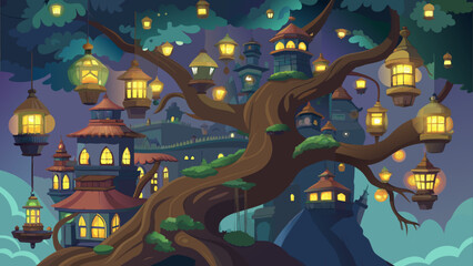 A whimsical tree adorned with glowing lanterns illuminates a magical village at night amidst a starry sky