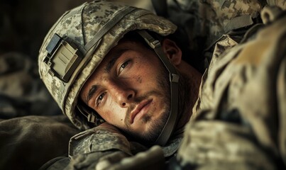 Fototapeta premium Close-up of soldier's face in camouflage.