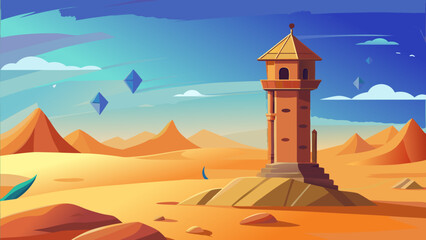 A solitary desert tower stands tall against a vibrant sky filled with clouds and floating crystals during sunset