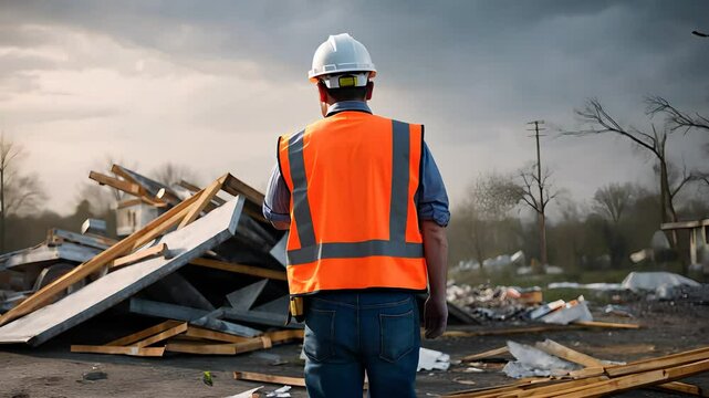 Construction Worker Surveying Tornado-Damaged Area


