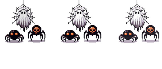 A pixel art ghost hangs from a spider web with two spiders below one with red eyes and the other with a skull face