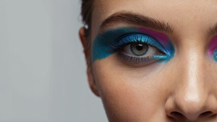 Close-up of woman's face with vibrant and artistic makeup.