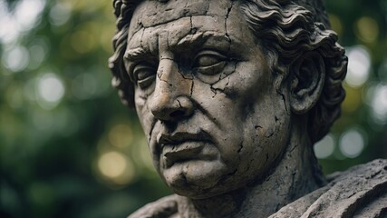 Weathered stone statue with pensive expression.