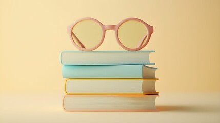 ikona 3D, książki, okulary do czytania, edukacja, tło kremowe, minimalizm, ilustracja cyfrowa, nauka, wiedza, pastelowe kolory, subtelne oświetlenie, bliskie ujęcie, detal, projektowanie graficzne, Ad