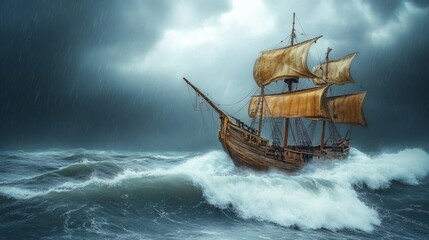 Obraz premium Magnificent ancient sailing ship in a stormy sea