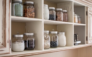 A variety of pantry staples stored in mason jars on white shelves.