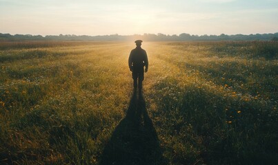 Fototapeta premium Silhouette of a man in a field at sunrise.